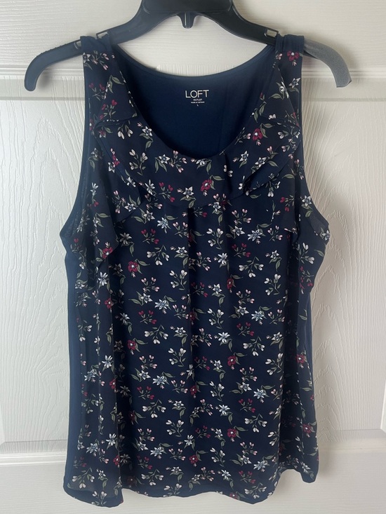 LOFT Tops - LOFT Navy Floral Ruffle-Trim Tank